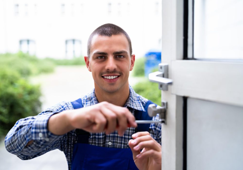 Locksmith Lock Door Repair. Worker Changing Locksmith Lock Door Repair. Worker Changing